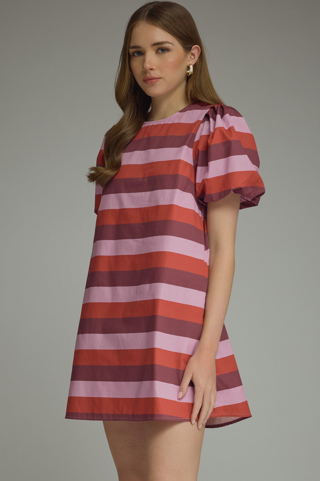 Anwen Dress - Berry Combo stripe puff-sleeve mini, three-quarter