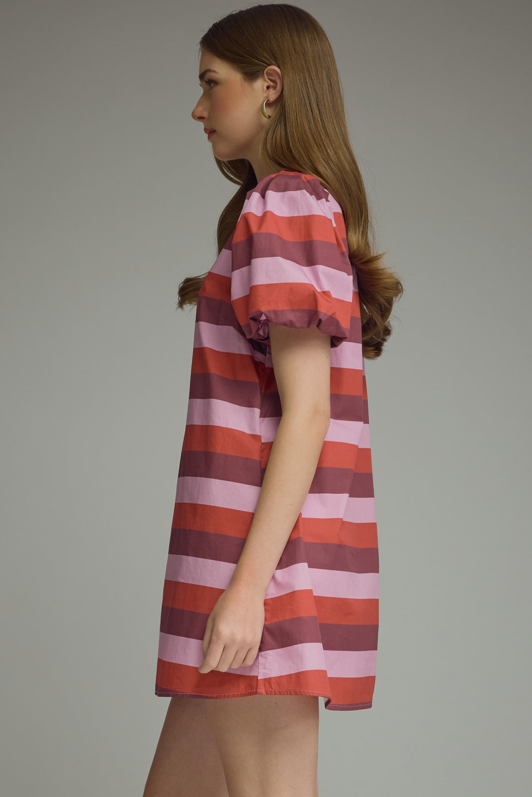 Anwen Dress - Berry Combo stripe puff-sleeve mini, side