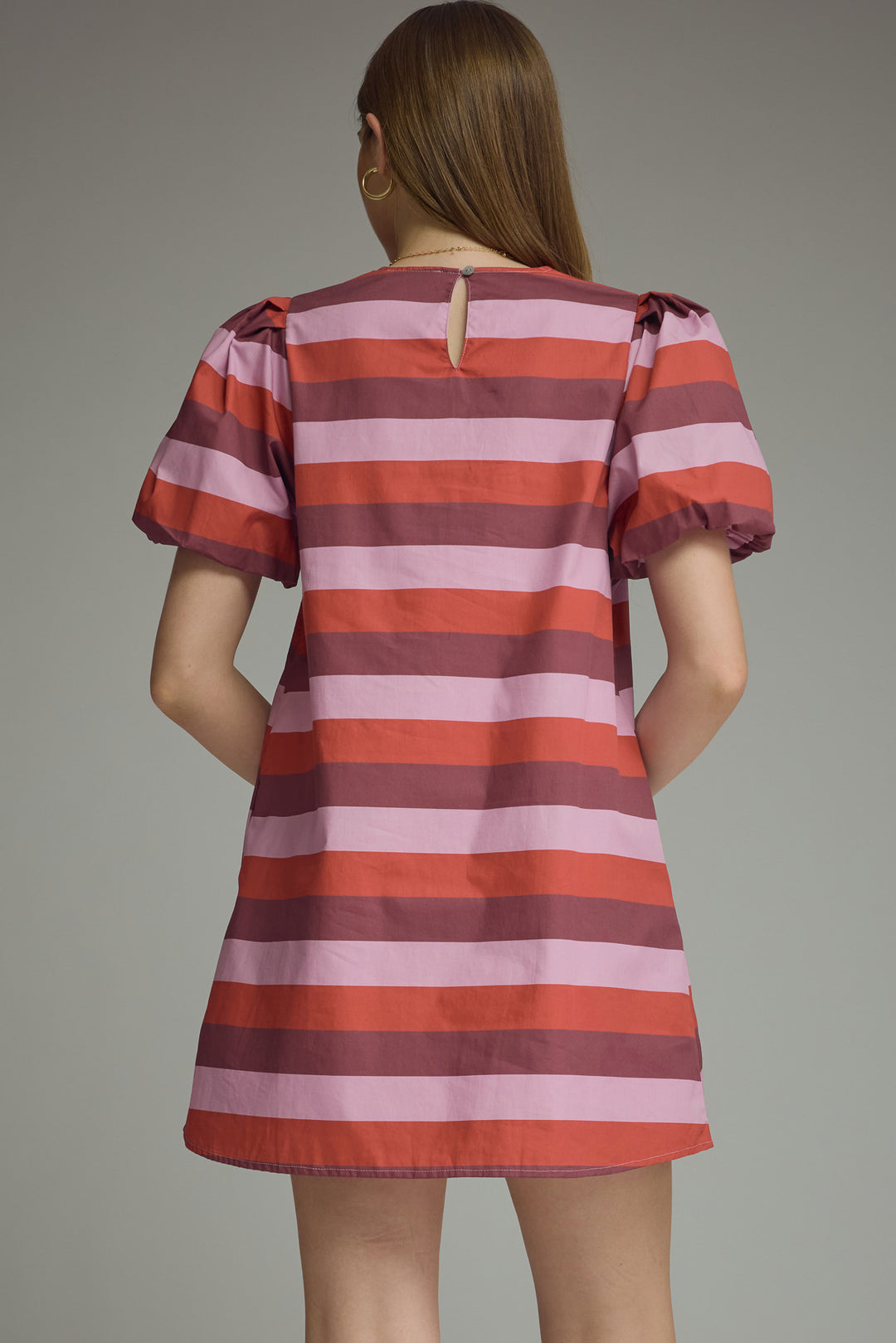 Anwen Dress - Berry Combo stripe puff-sleeve mini, back keyhole