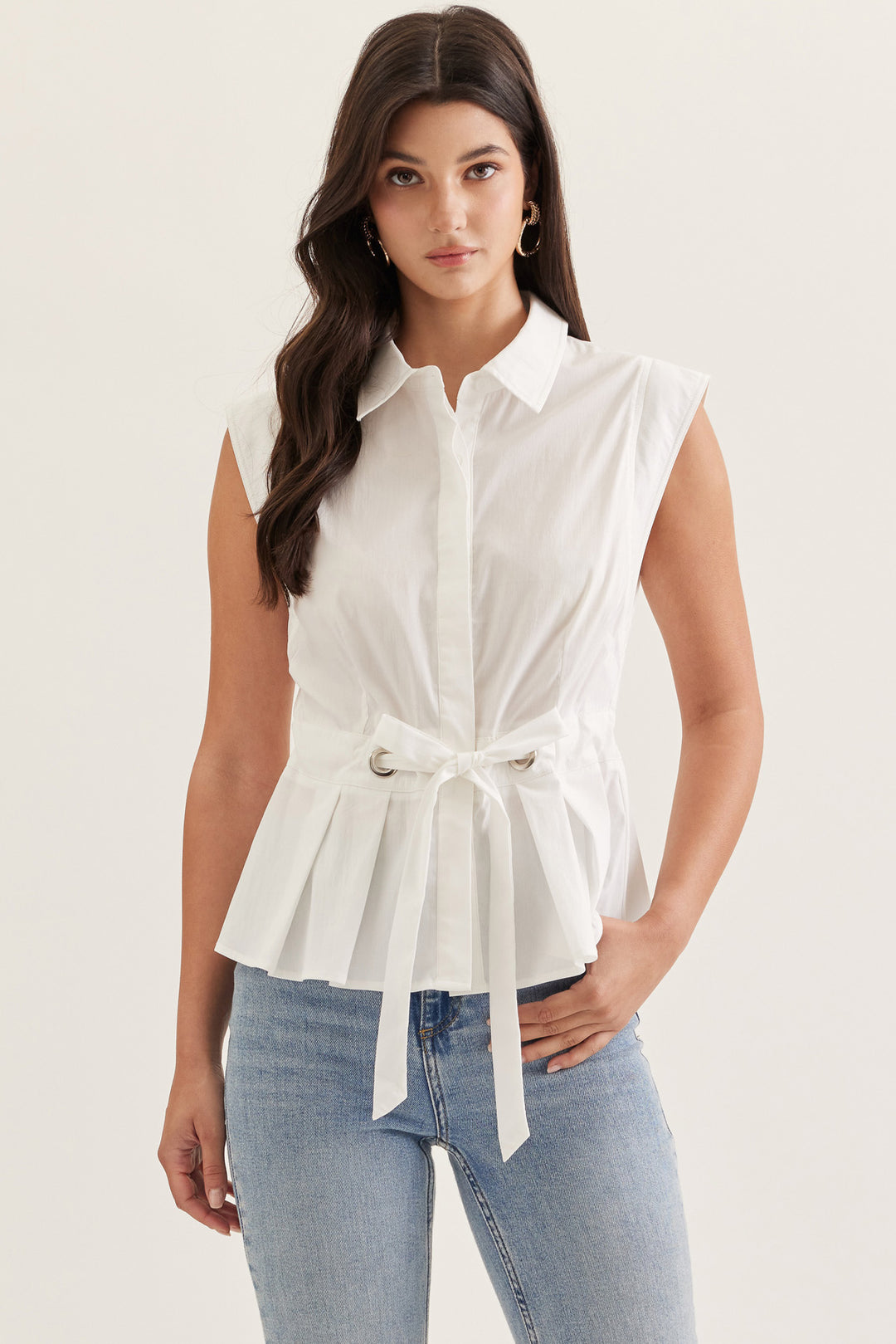 Button Down Tie Waist Peplum Top
