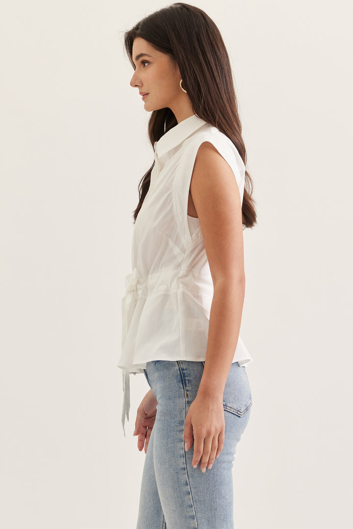 Button Down Tie Waist Peplum Top