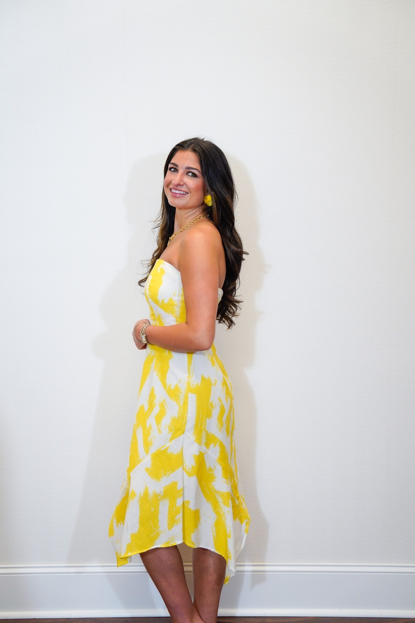 Lemon Geo Strapless Dress