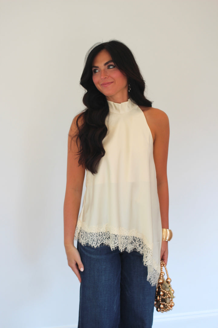 Lace Hem High Neck Blouse