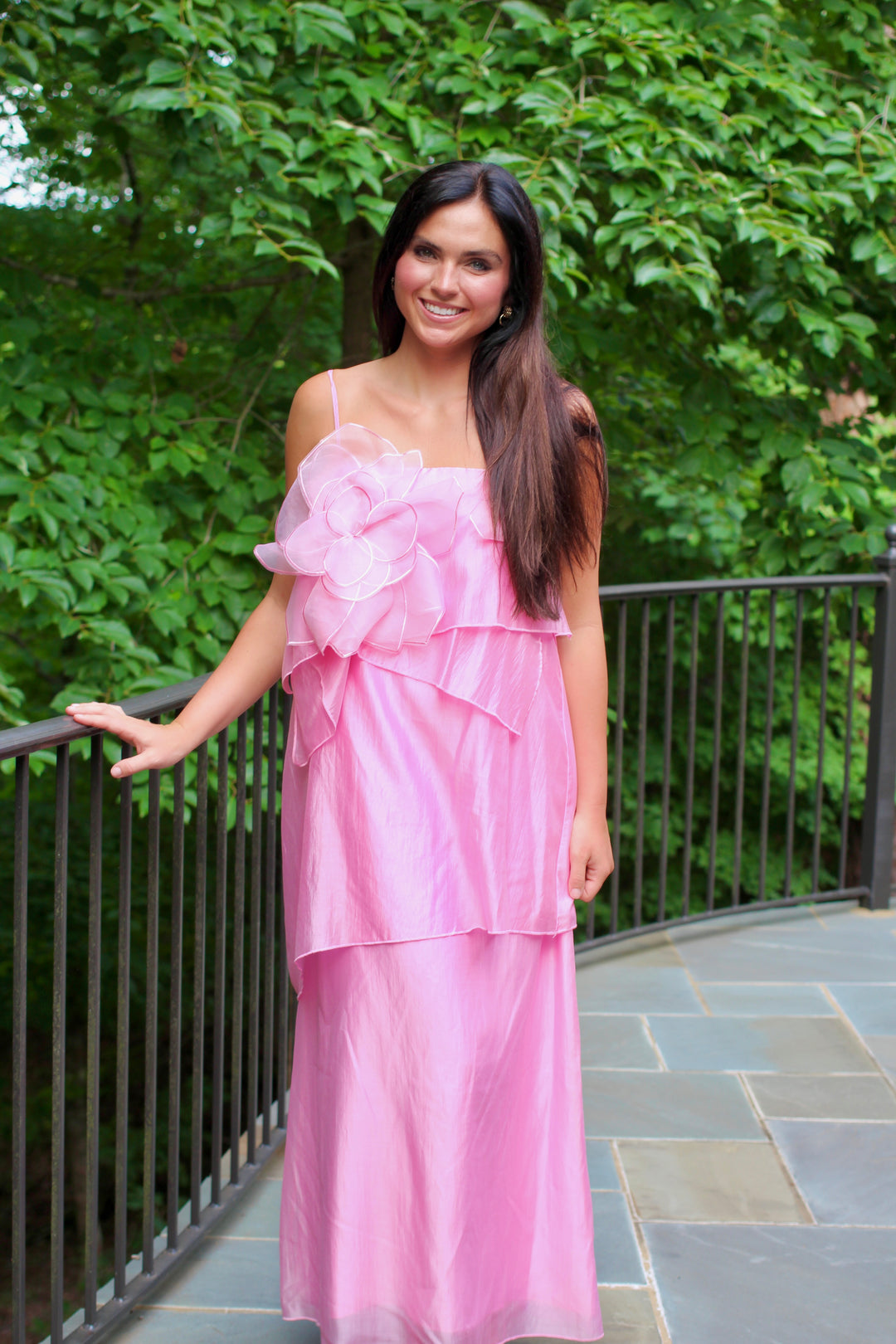 3d Floral Applique Tiered Maxi Dress