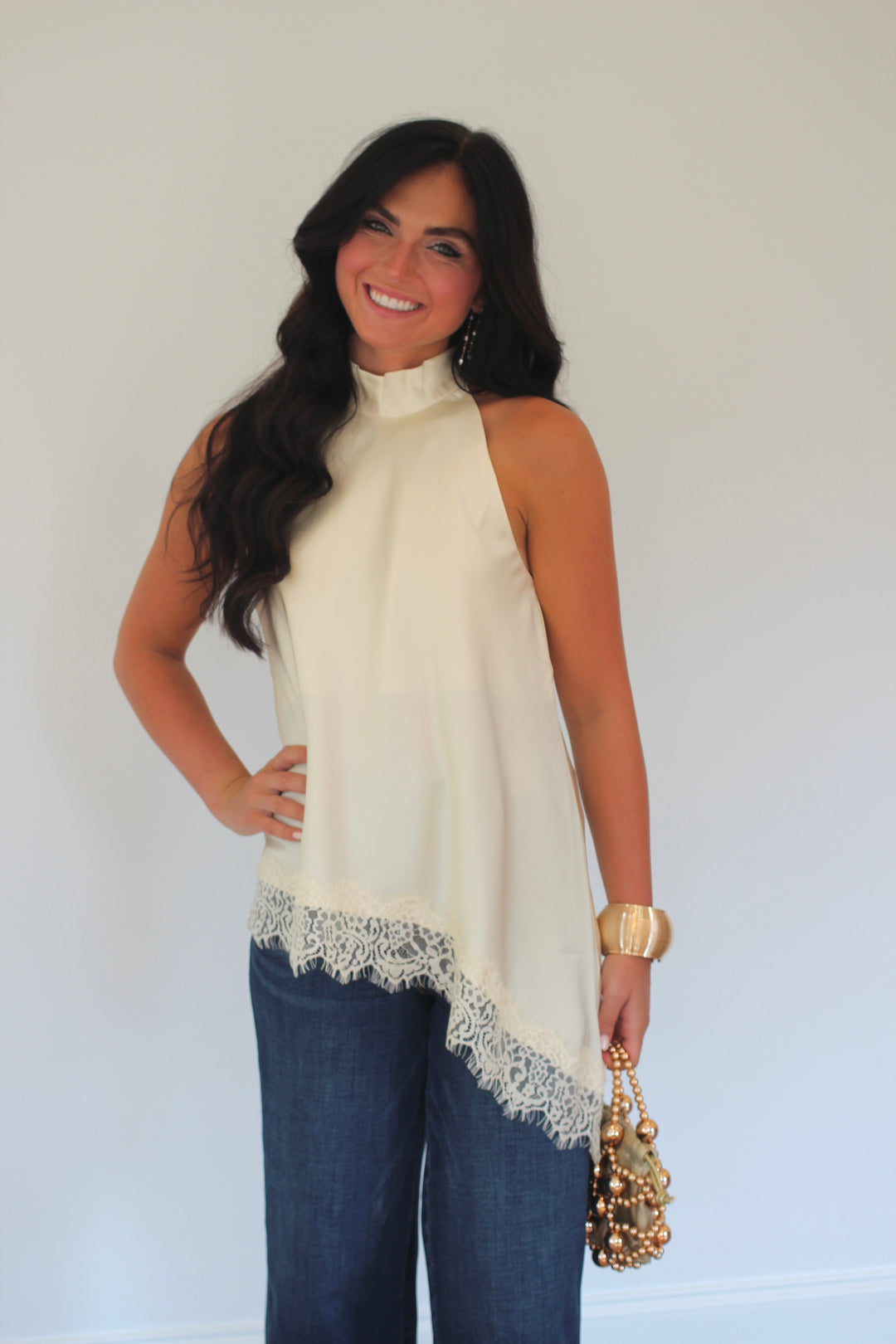Lace Hem High Neck Blouse