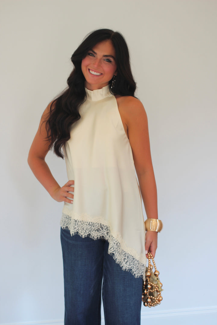 Lace Hem High Neck Blouse