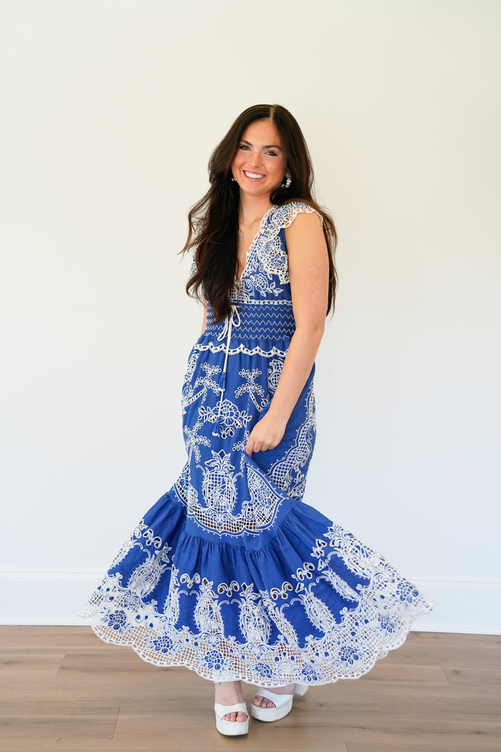 Blue Romantic Richelieu Maxi Dress