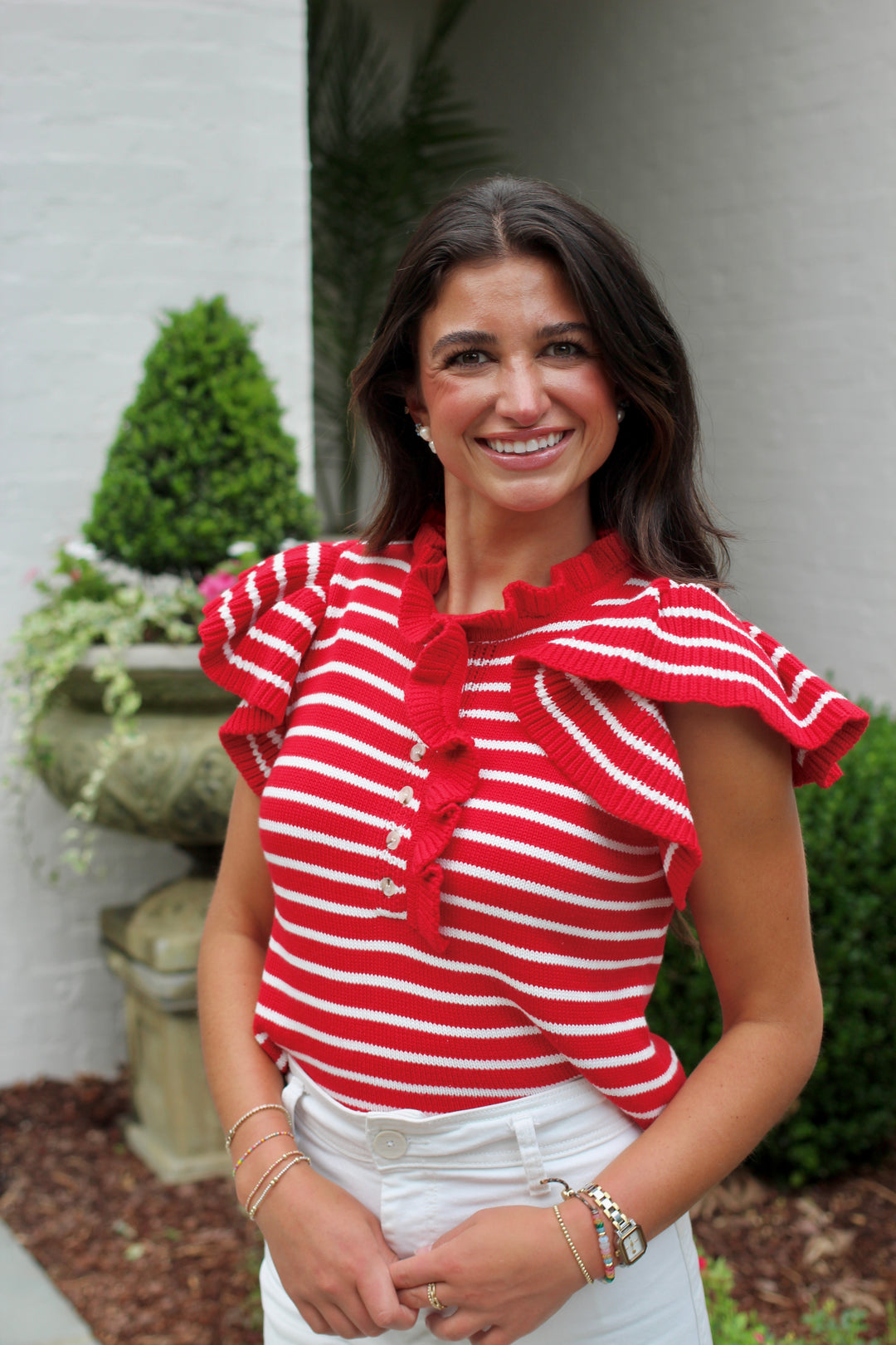 Ruffle Stripe Cap Sleeve Top