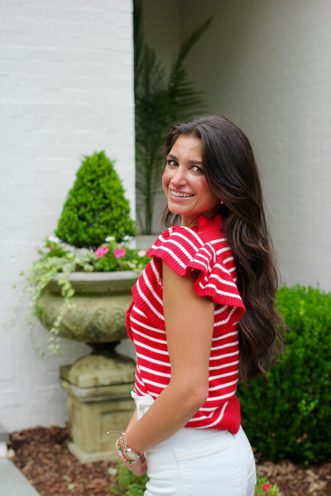 Ruffle Stripe Cap Sleeve Top