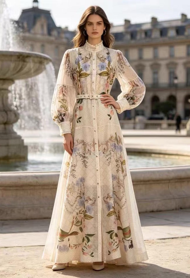 Lennox Dress in beige floral print with a belted waist and long puff sleeves