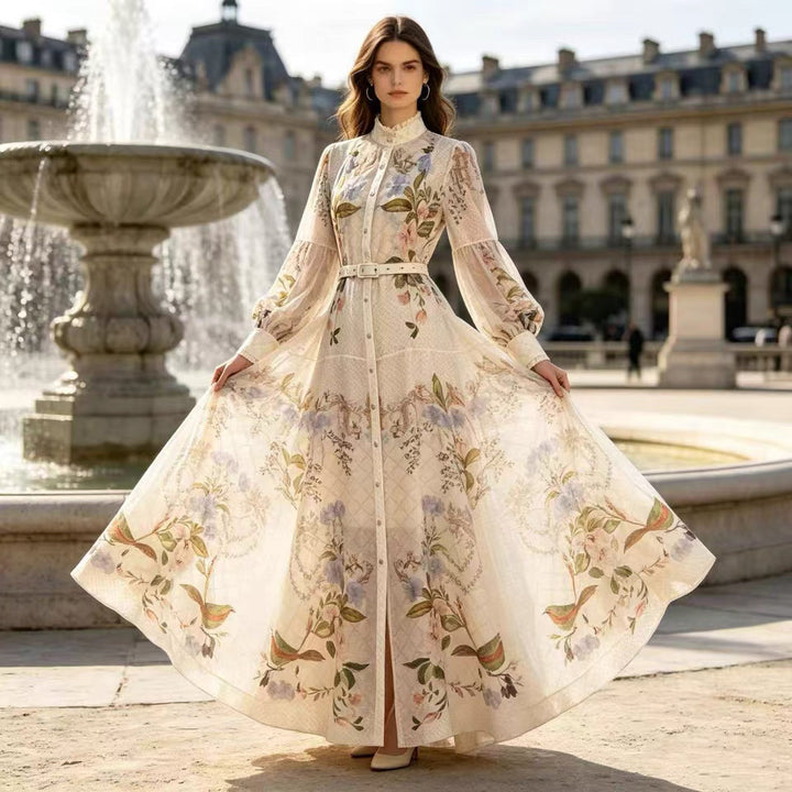 Lennox Dress in beige floral print with covered buttons and a full maxi skirt