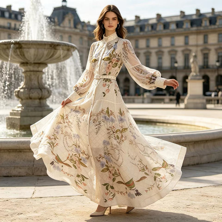 Lennox Dress in beige floral print with a flowing belted maxi skirt