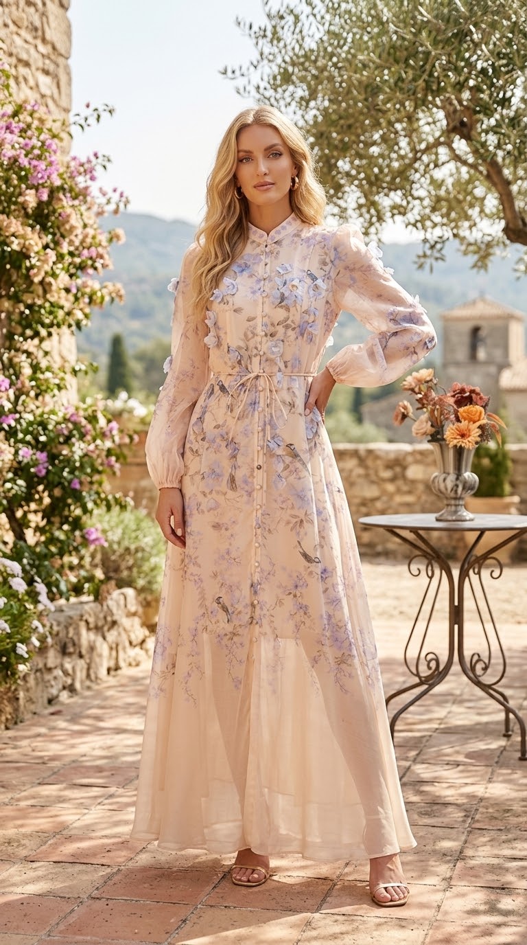 Cassidy Dress in apricot and lavender floral print with long puff sleeves and a maxi skirt