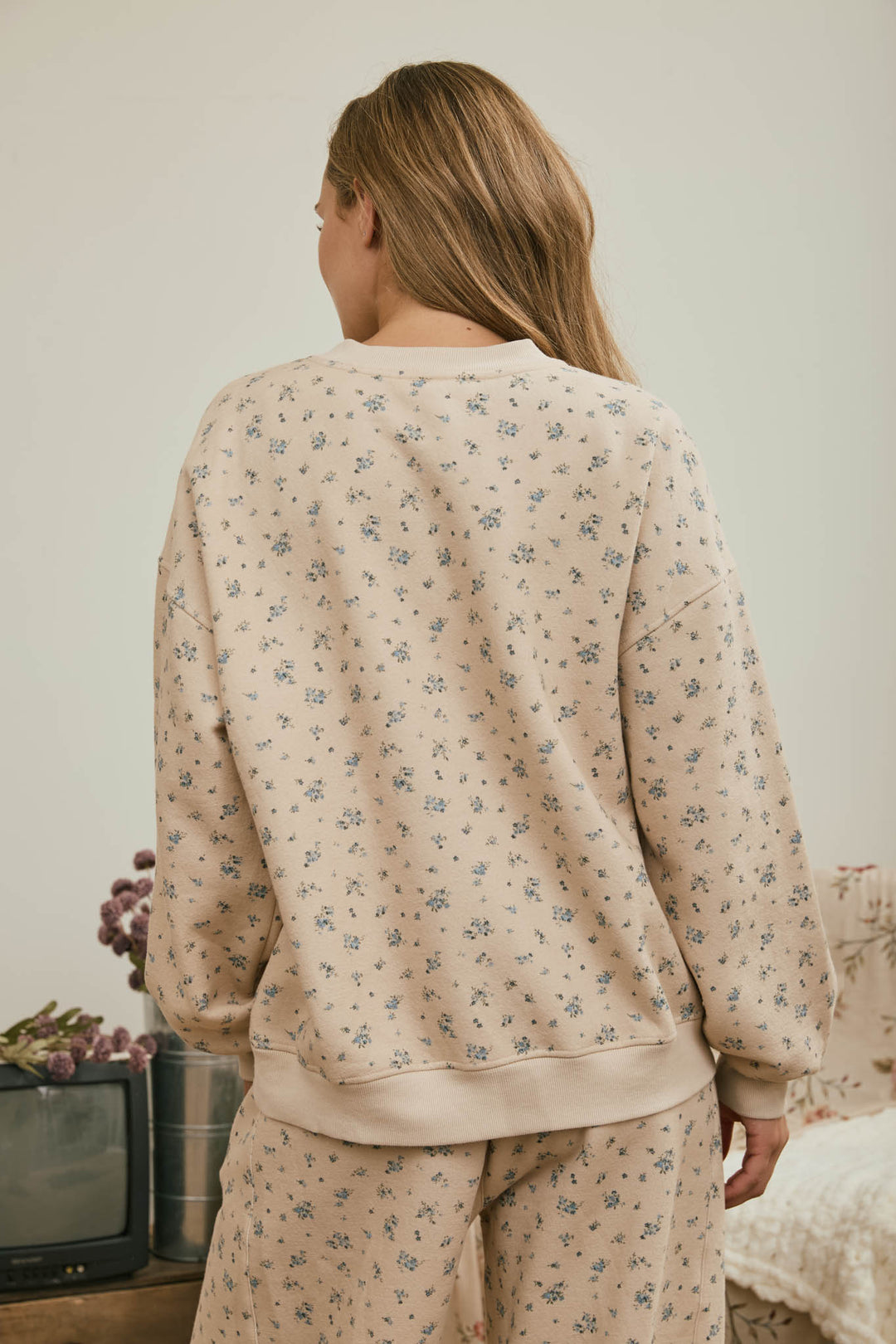 Reesa Set - khaki multi ditsy floral sweatshirt and wide leg pants, back view