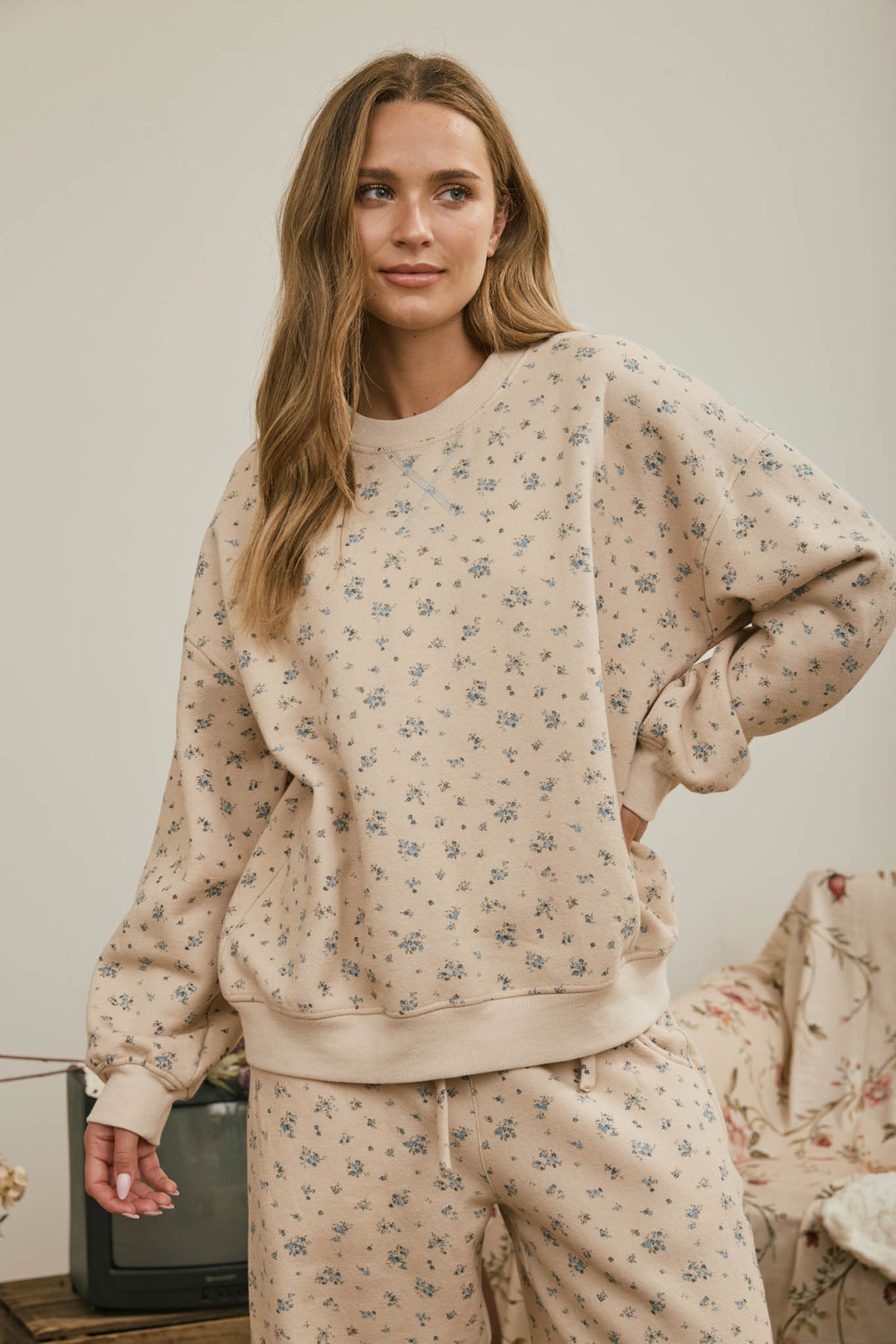 Reesa Set - khaki multi ditsy floral sweatshirt and wide leg pants, front view