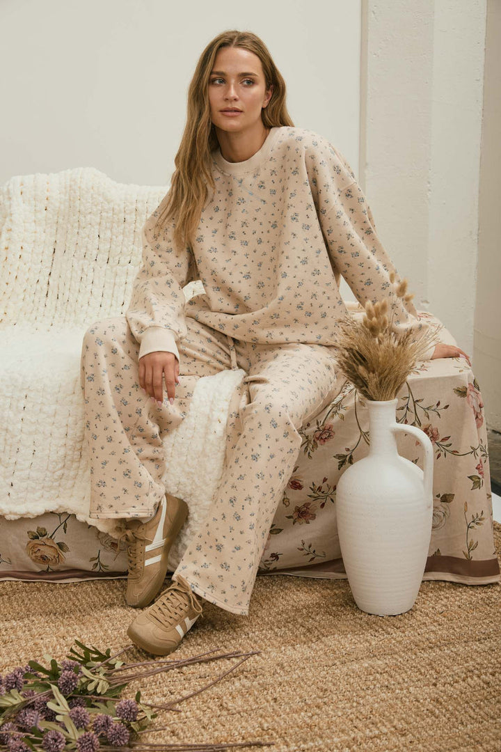 Reesa Set - khaki multi ditsy floral sweatshirt and wide leg pants, styled