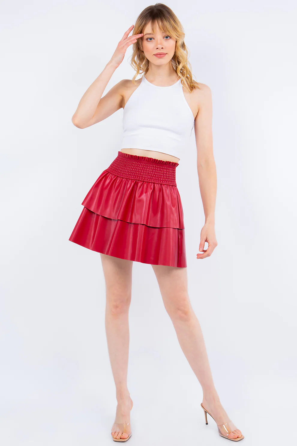 VL SMOCKED TIERED SKIRT WINE