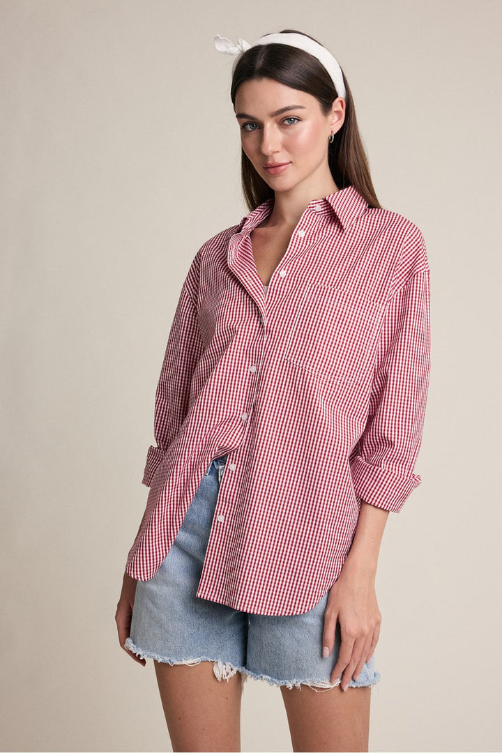 Flora Top in red gingham — front view