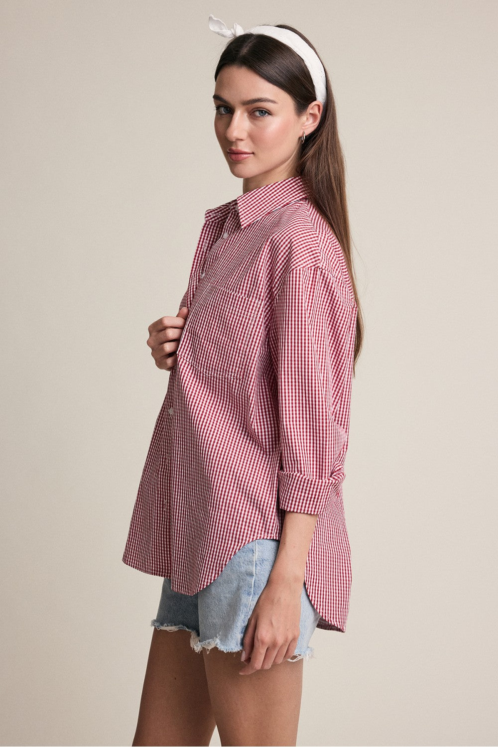 Flora Top in red gingham — styled view