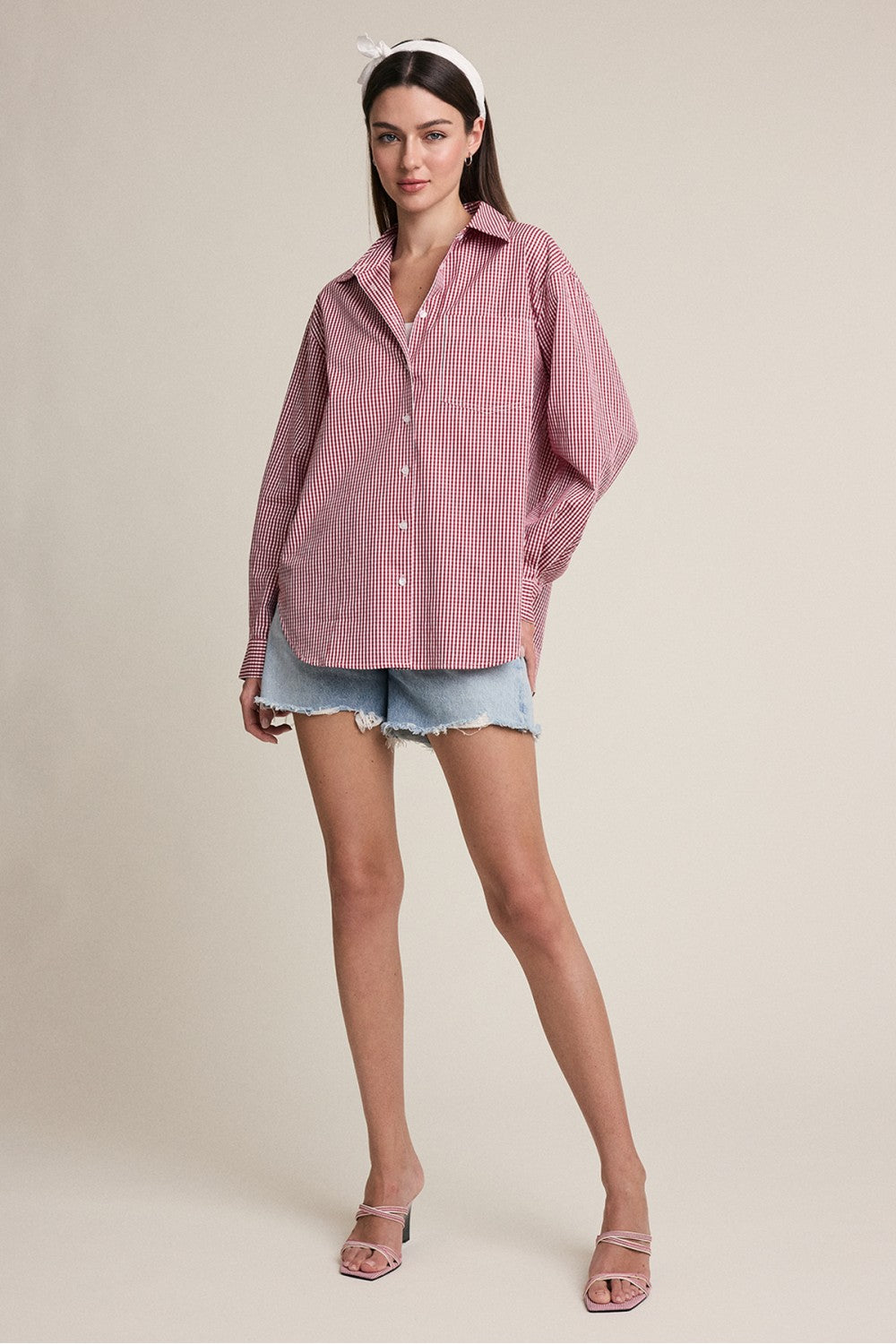 Flora Top in red gingham — side view
