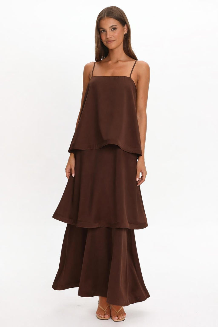Anouk Dress - Chocolate spaghetti-strap tiered maxi, front