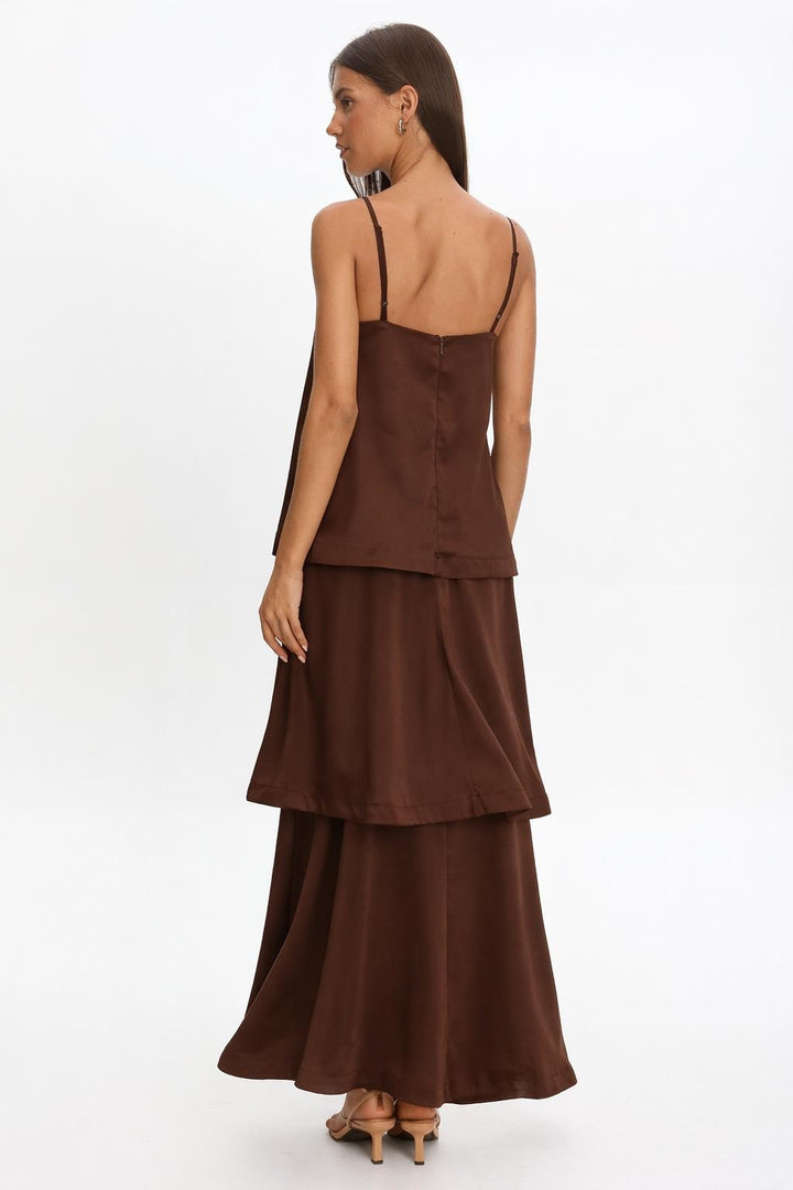 Anouk Dress - Chocolate spaghetti-strap tiered maxi, back zipper