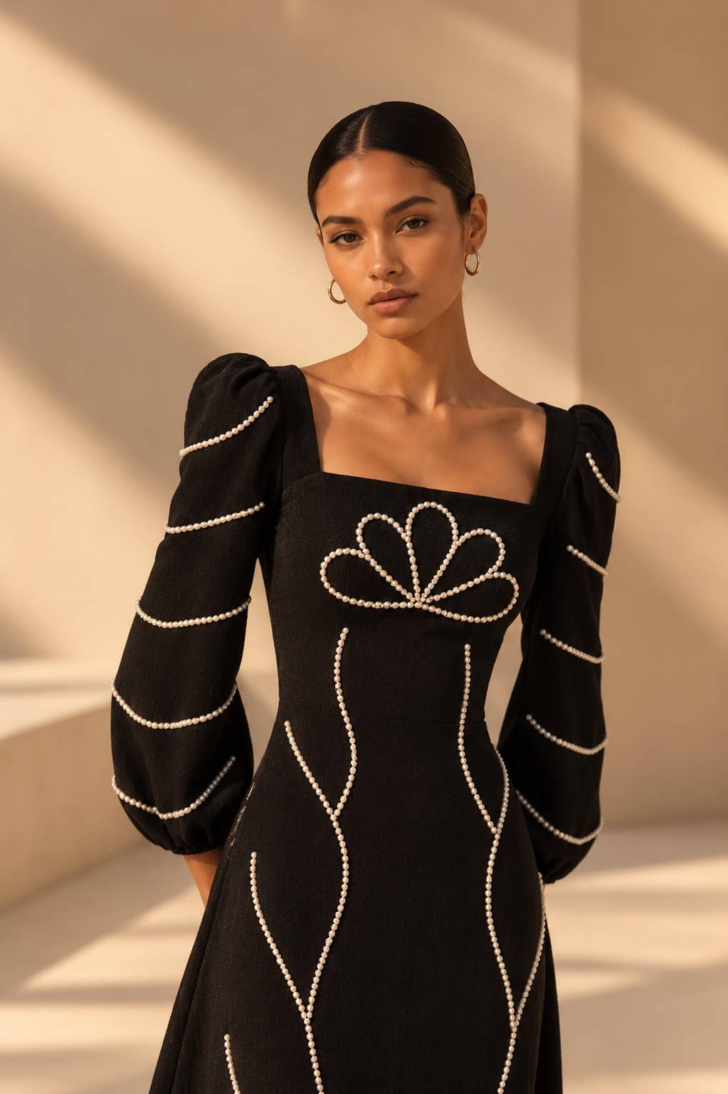 Imogene Dress in black with cream embroidery
