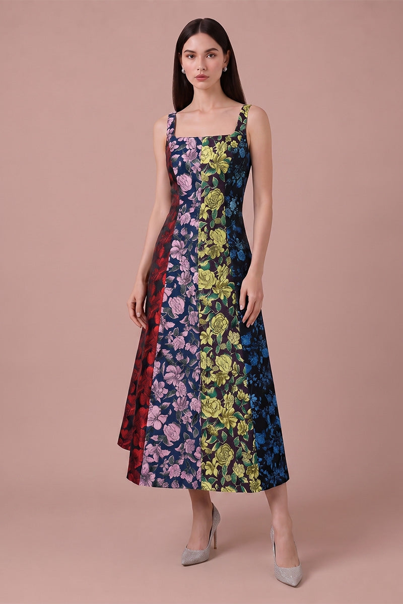 Liliana Dress in Black Multi floral jacquard - front