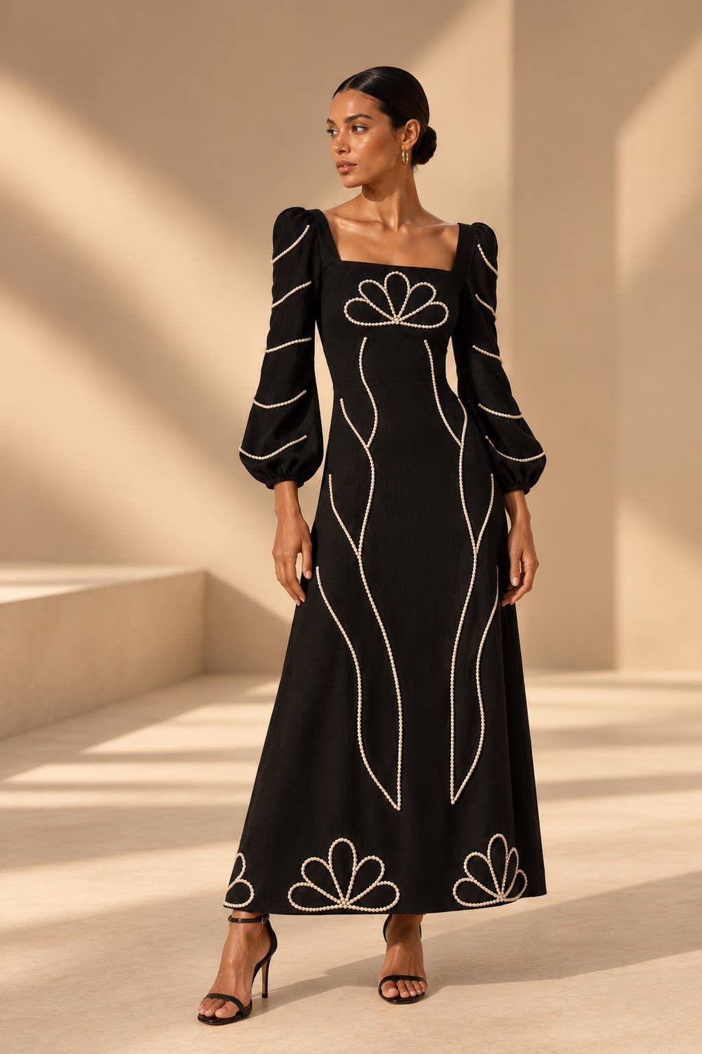 Imogene Dress in black with cream embroidery