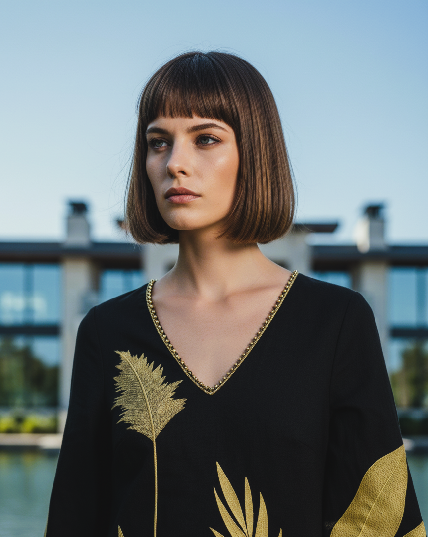 Caitlyn Dress in black with gold leaf embroidery