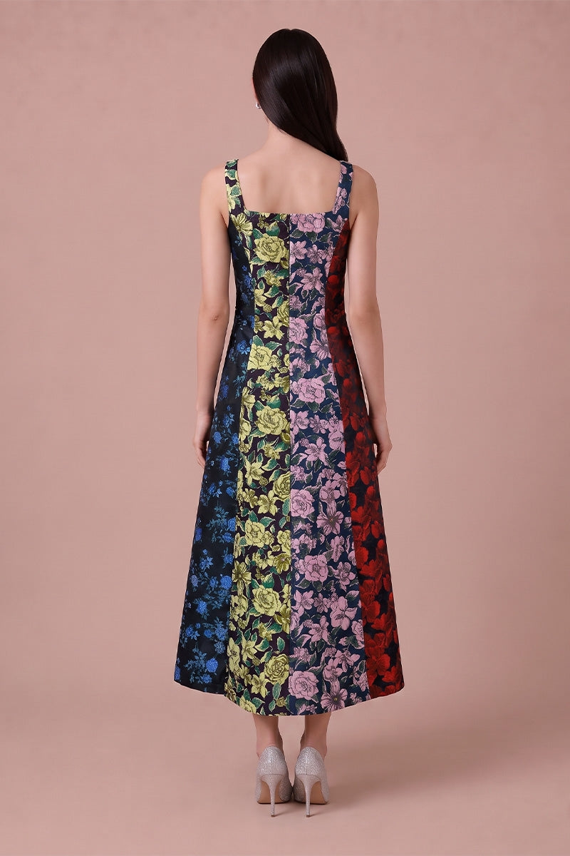 Liliana Dress in Black Multi floral jacquard - back