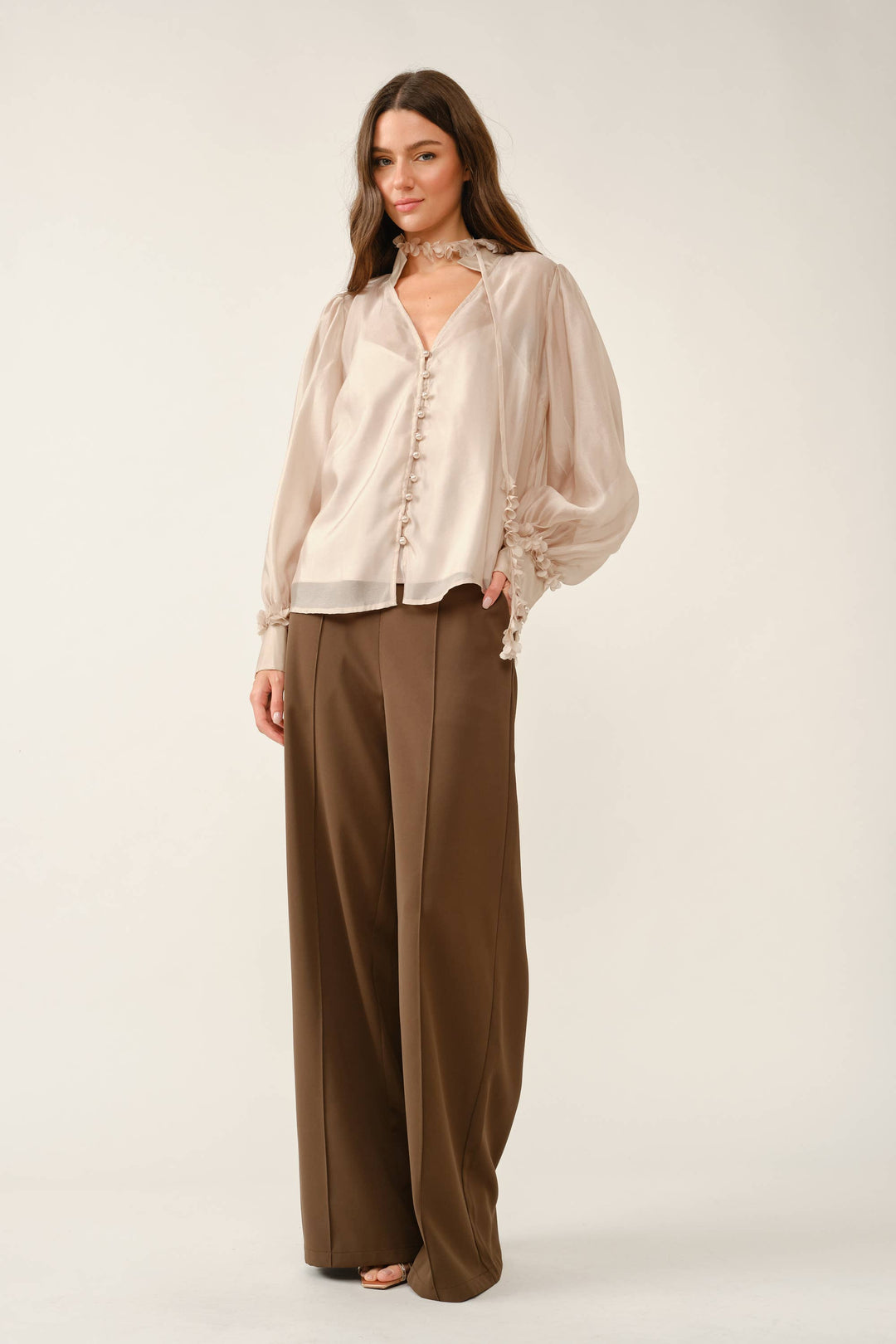 Lisette Blouse in champagne — front view showing the floral tie-neck