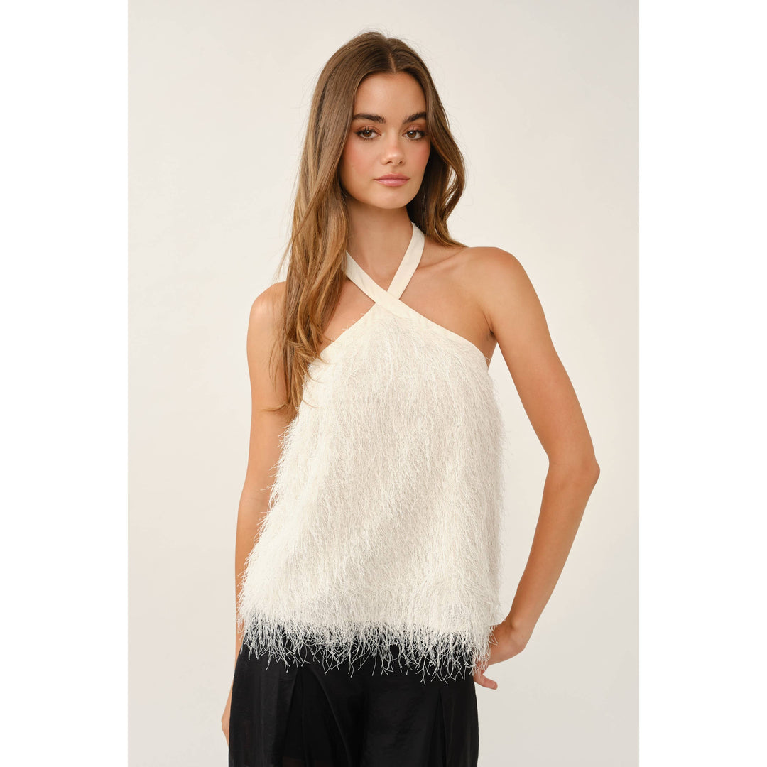 Fawn Top in ivory — front view with black trousers