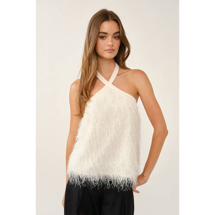 Fawn Top in ivory — front view with black trousers