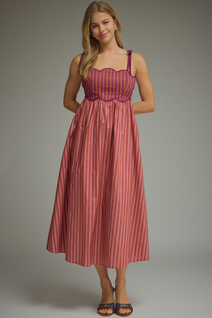 Lorna Dress in Plum — striped cotton midi with scallop neckline and tie straps