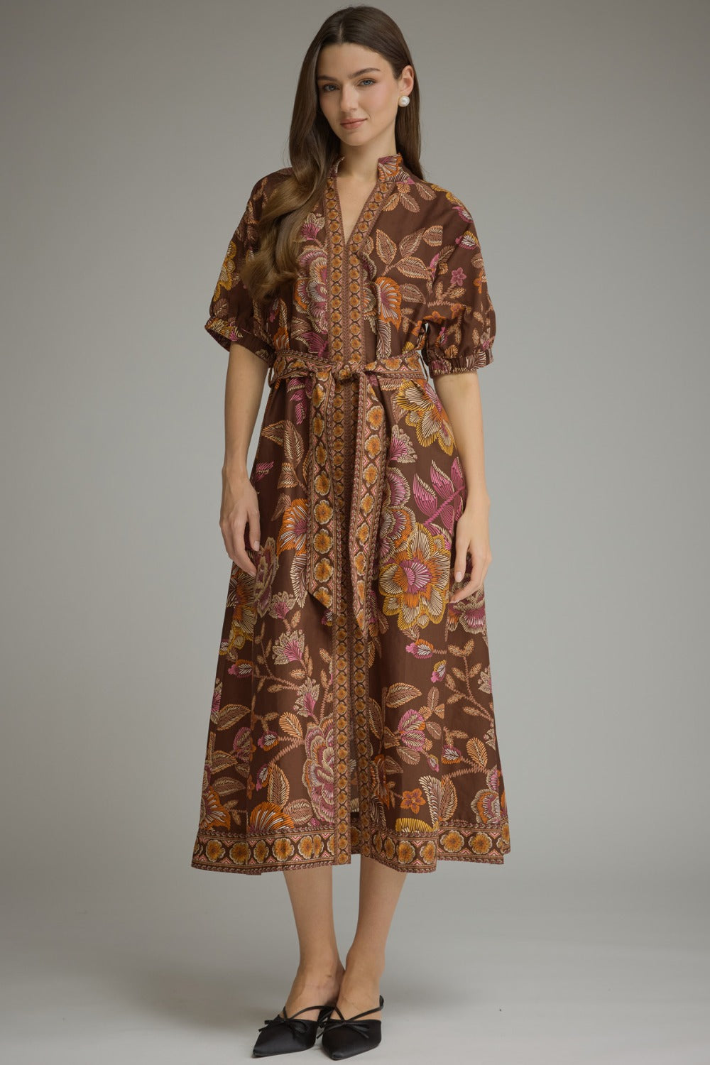 Rosalind Dress in Terra Cotta — floral cotton midi with puff sleeves and belt