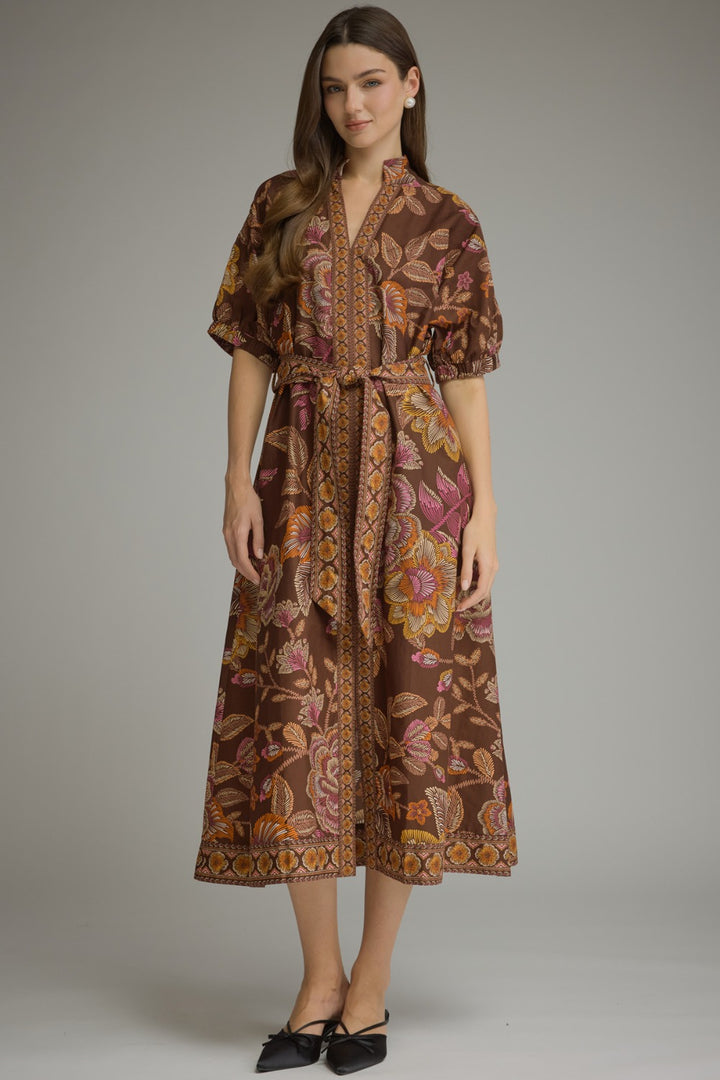 Rosalind Dress in Terra Cotta — floral cotton midi with puff sleeves and belt