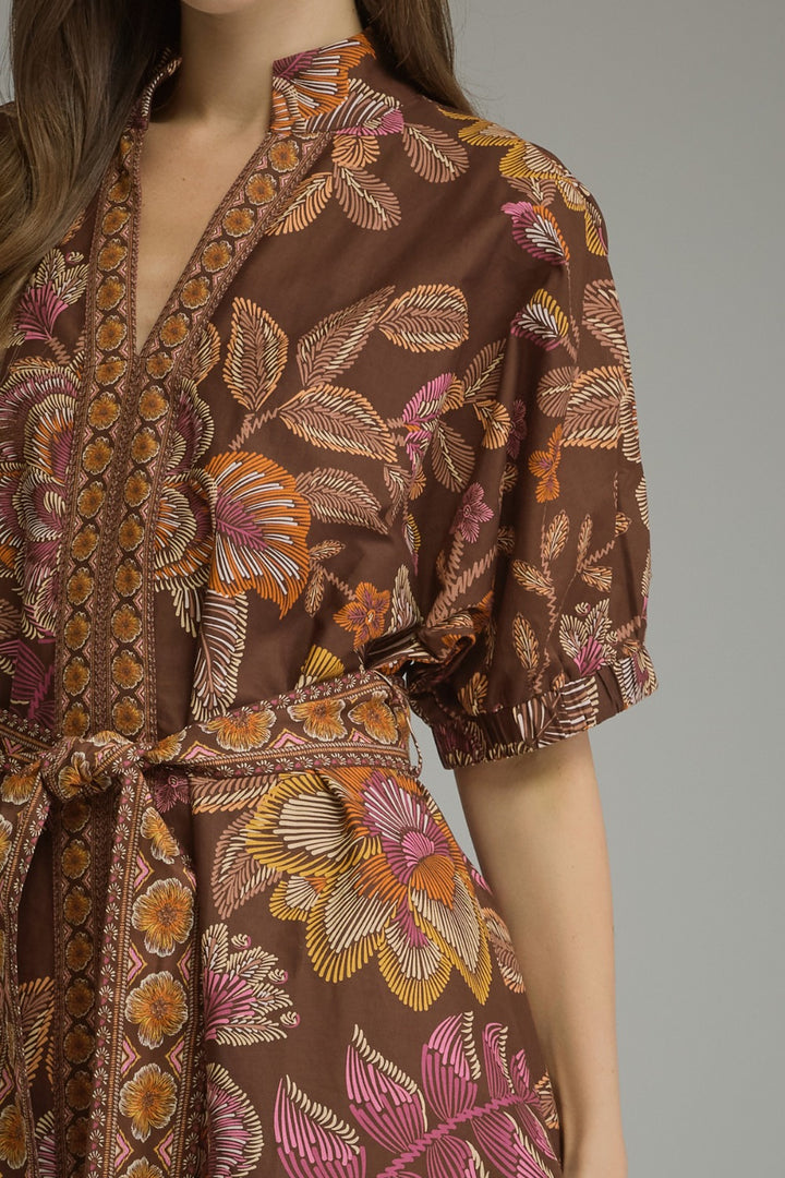 Rosalind Dress in Terra Cotta — V-neckline and button front detail