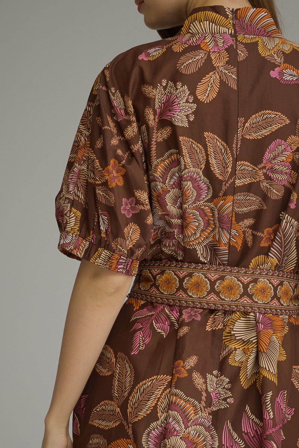 Rosalind Dress in Terra Cotta — border print and puff sleeve detail