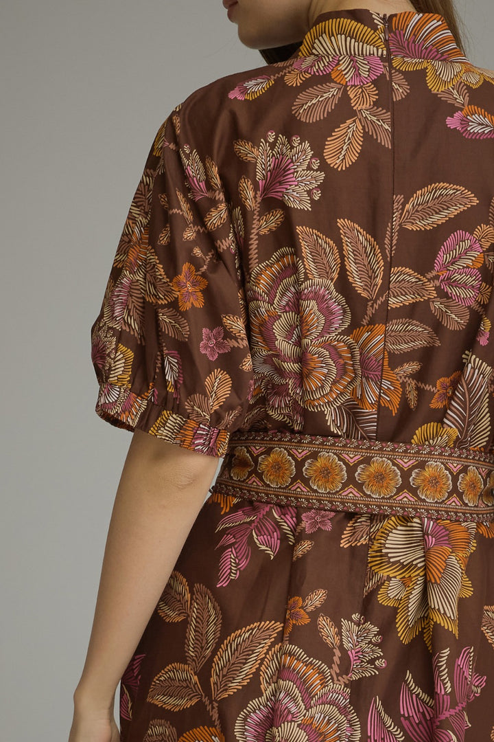 Rosalind Dress in Terra Cotta — border print and puff sleeve detail