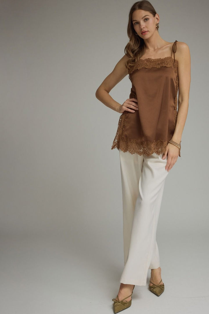 Lace Trim Cami Top in Brown