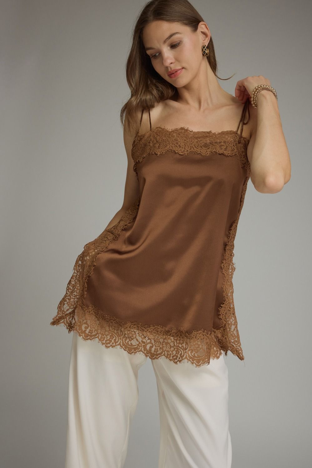 Lace Trim Cami Top in Brown