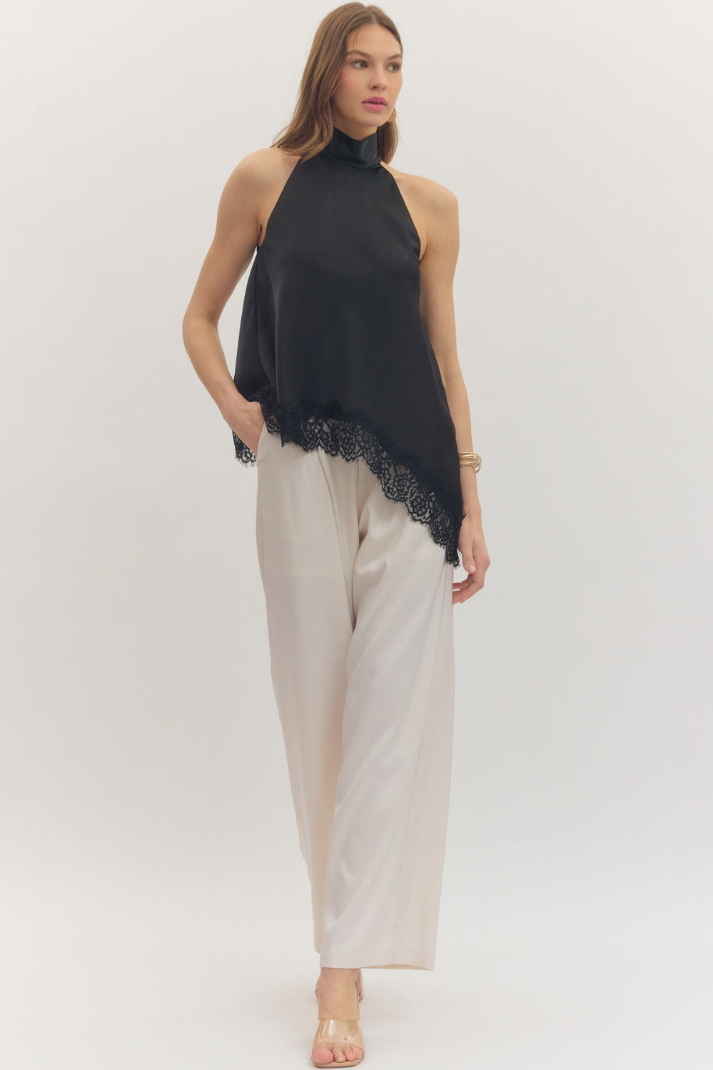 Lace Hem High Neck Blouse