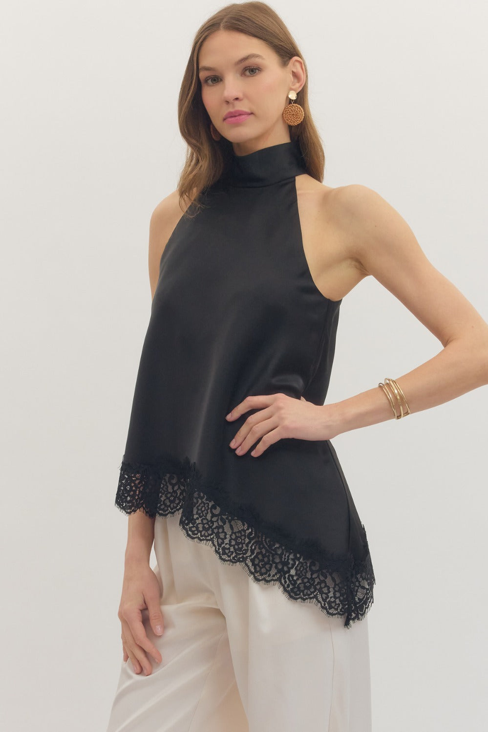 Lace Hem High Neck Blouse