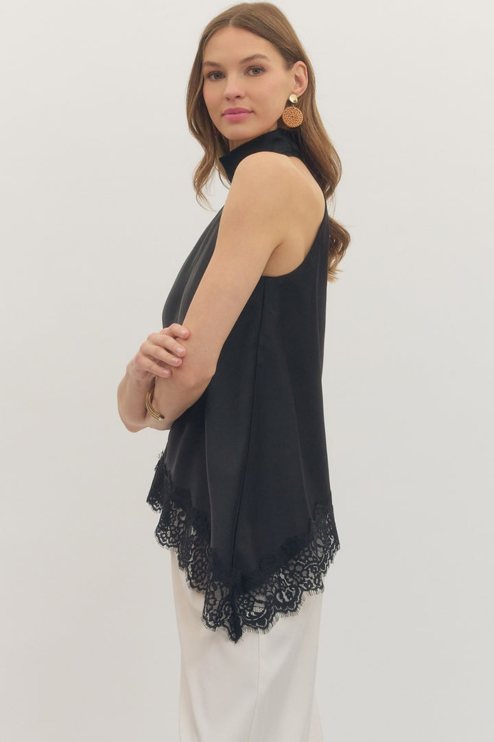 Lace Hem High Neck Blouse