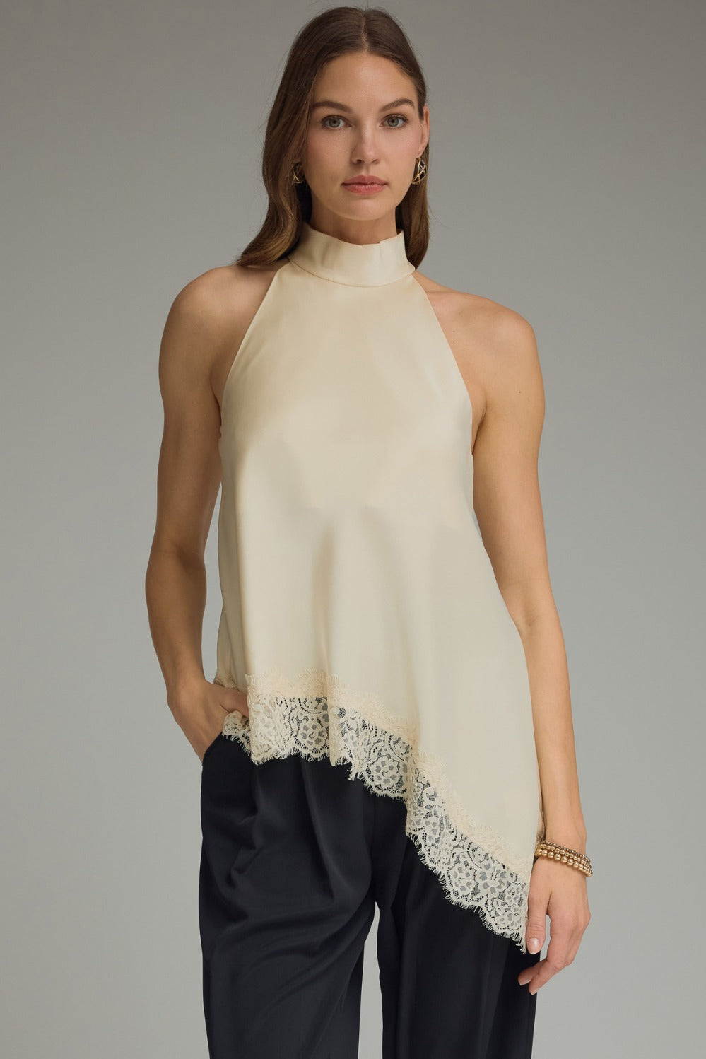 Lace Hem High Neck Blouse