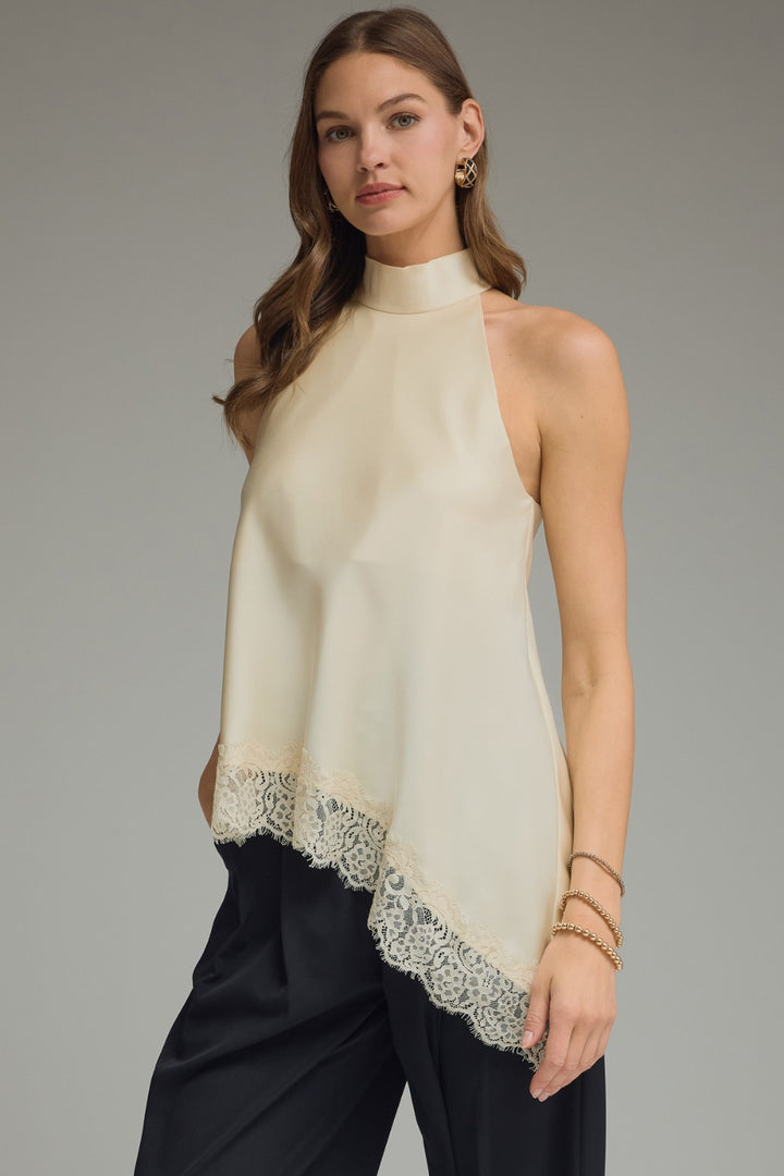 Lace Hem High Neck Blouse