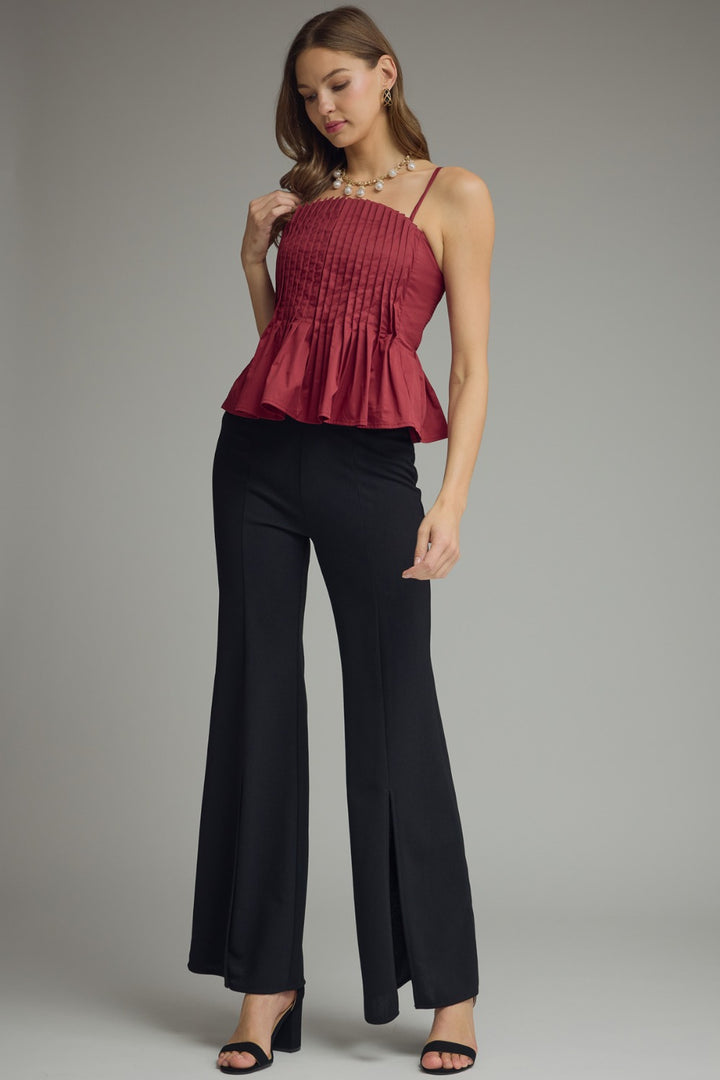 Keira Top in Merlot — pleated cami with peplum hem, full look
