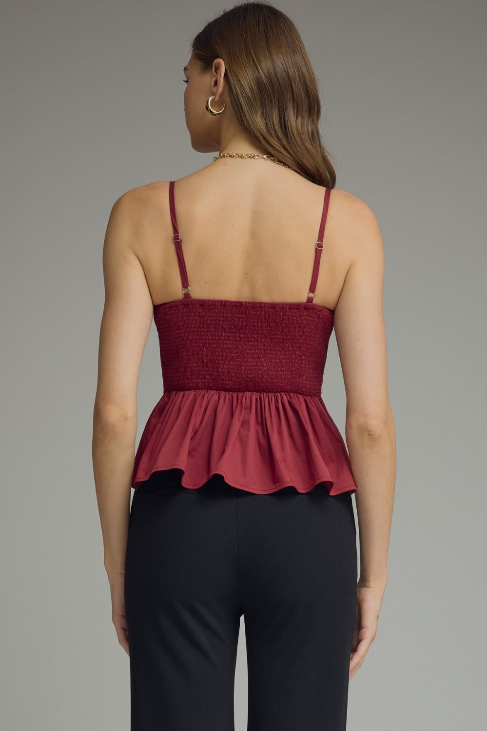Keira Top in Merlot — back view with smocked panel