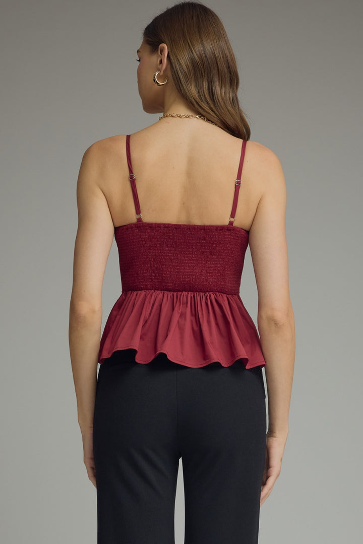 Keira Top in Merlot — back view with smocked panel